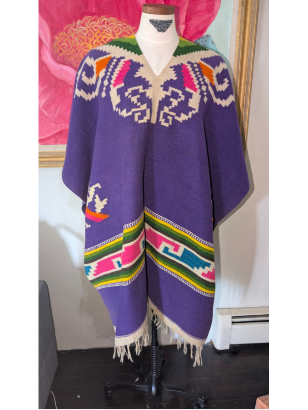 Vintage Wool Poncho Purple Multi-color Geometric Pattern